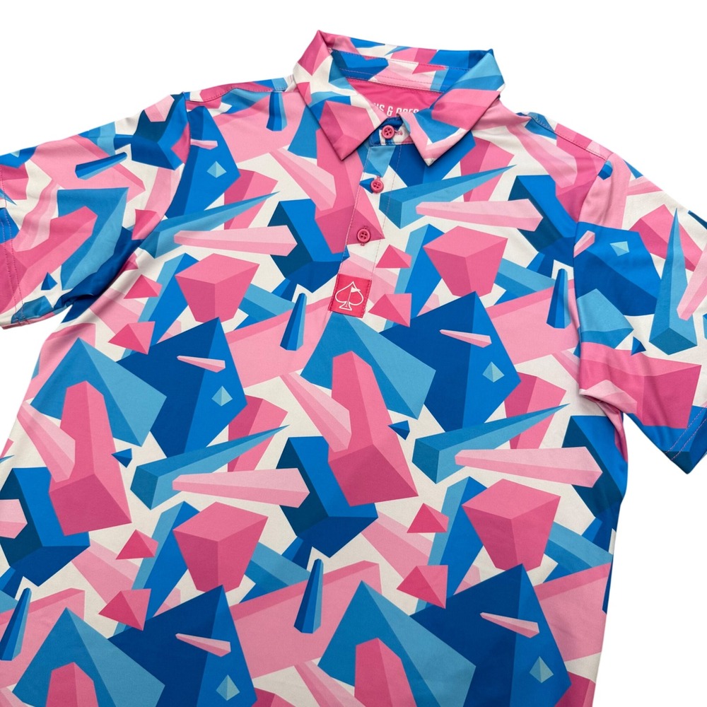 Pins & Aces Golf Polo Mens Small Pink Blue Geometric 3D Prism Performance Shirt